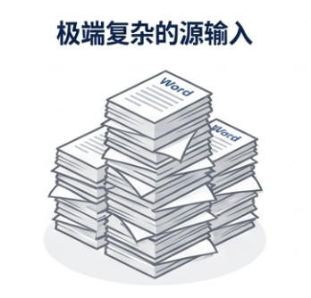 极端复杂的源输入：几十页 Word 报告表堆叠